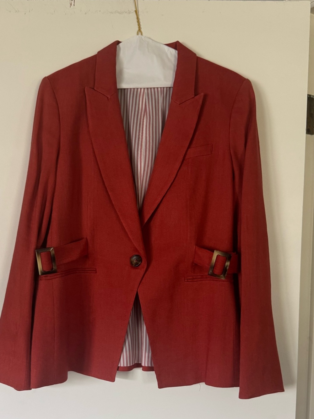 Veronica Beard Brick Single-Button Tailored Dickey Blazer,Buckle Detail-like new